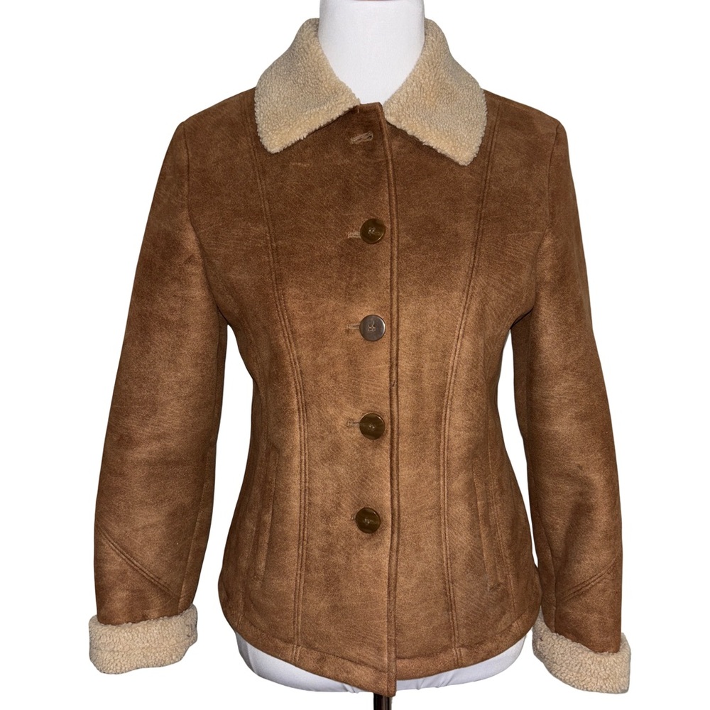 Maurices Brown Teddy Jacket with Cream Accents Faux Suede